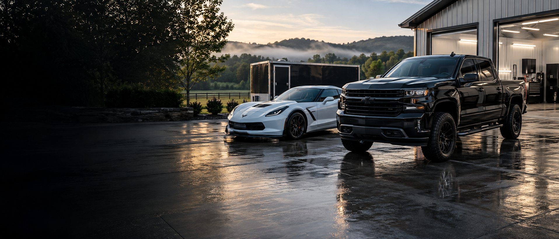 Freshly detailed black truck and white sports car outside a professional detailing shop